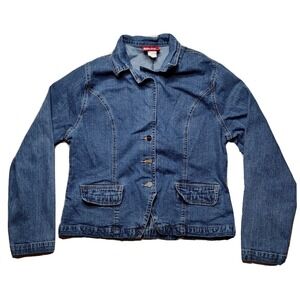 ETHYL VINTAGE DENIM Women Large Blue Stretch Denim Trucker Jacket